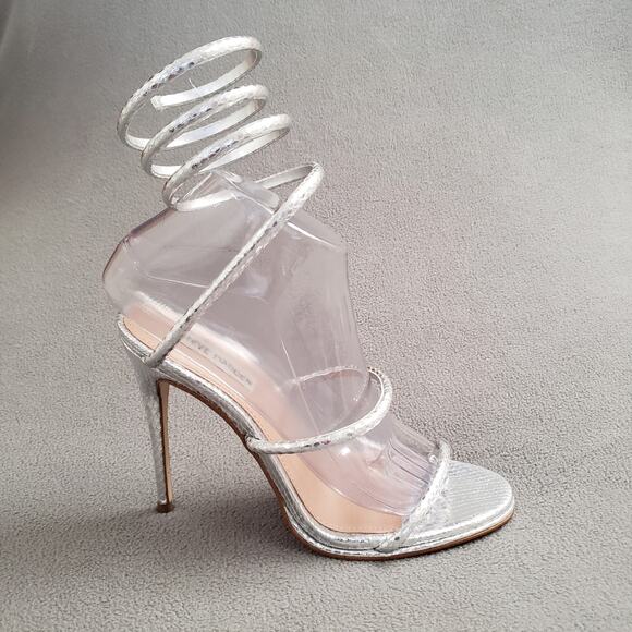 Steve Madden Exotica Heels Metallic Silver Snake Size 8 SMAD-WZ1229 Wrap-around - Picture 3 of 12